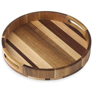 Plateau de service en bois brun écologique, peint à la main, design bohème rond, pour cadeaux, décoration de table, fabriqué au Vietnam - Product Image 2