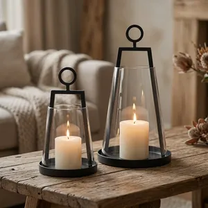 <b>Black</b> <b>Metal</b> and Glass <b>Candle</b> Lantern <b>Holder</b> Set Decorative Hurricane <b>Candle</b> <b>Holders</b> with Round Handle Modern Table Centerpiece - Product Image 6