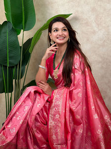 Sari en soie de Banarasi avec motif tissé Zari, accompagné d'un morceau de blouse non cousu, ensemble de vêtements régionaux EL-Chal DC - Product Image 6