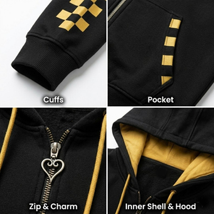 Sudadera con Capucha Unisex Negra de Felpa Twill, Diseño Oversize con Logotipo de Corona Dorada y Mangas con Estampado de Tablero de Ajedrez, Ropa Casual de Invierno - Product Image 4