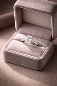 แหวนหมั้นเพชรทรงเอเมอรัลด์คัทที่เพาะเลี้ยงในห้องปฏิบัติการ |   แหวนทอง 14K ชุบทองคำขาว ประดับเพชรทรงบาแกตต์ 4.50 กะรัต รุ่น Trilogy Tapered สำหรับงานแต่งงานที่ได้รับการรับรอง - Product Image 2