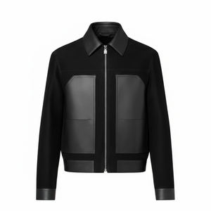 Blouson Bomber en Coton et Daim pour Homme avec Logo Cristal Personnalisé sur le Devant - Blouson Varsity Noir Premium Coupe Slim avec Panneaux en Cuir Contrastant - Product Image 1