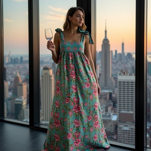 Maxi cuello de corazón para mujer en agua con flores vintage y sensación de resort pajarita Correa Maxi vestido turquesa estampado floral - Product Image 6