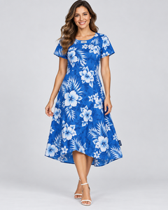 Blue Floral Print V-Neck A-Line Chiffon Tea-Length Dress with Cap Sleeve for Women Summer Casual Wear best selling wholesale - Product Image 1