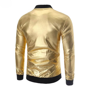 Men's Gold PU Bomber <b>Jacket</b> Stand Collar Zipper Front Casual Slim Fit Outerwear Autumn Wear - Product Image 3