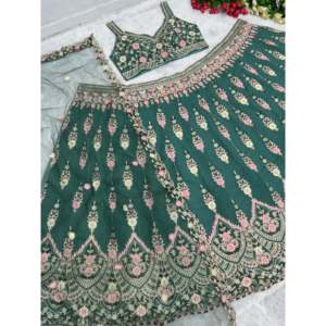 Magnifique Lehenga Choli vert brodé à la main avec bretelles spaghetti et décolleté cœur, tenue de soirée élégante pour demoiselles d'honneur Karma - Product Image 4