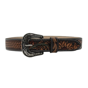 Cinturón Western de Cuero Genuino con Diseño Floral y Trenzado, Hebilla Metálica, Estilo Vintage para Hombre y Mujer - Product Image 1