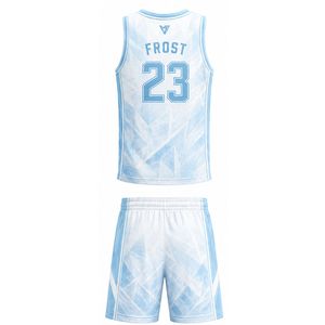 Ensemble de maillots de basket personnalisés blancs à imprimé géométrique, col en V, sans manches, anti-humidité, uniforme unisexe pour adultes, vente en gros, tendance - Product Image 2
