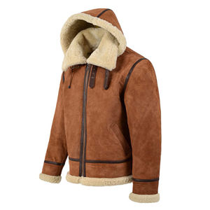 Veste en cuir marron pour homme avec capuche en fourrure, manteau d'hiver en peau de mouton véritable, doublure polaire chaude, veste décontractée de motard - Product Image 2
