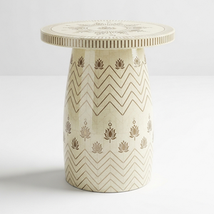 Table d'appoint ronde de luxe en MDF, motif lotus et chevron, incrustation Meena, faite à la main, tabouret d'appoint haut de gamme, vente en gros - Product Image 1