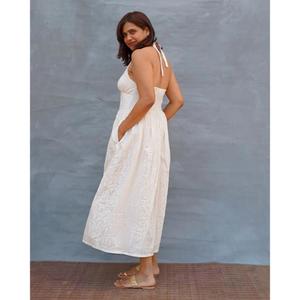 Vestido de Verano Boho para Mujer, Blanco, Cuello en V, Mini, Tejido, con Cinturón, Sin Mangas, con Mangas Abullonadas, Elegante, Casual, de Algodón, Largo - Product Image 4