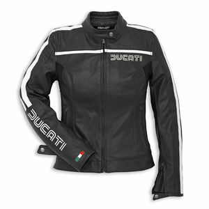 Chaqueta de Motociclismo Ducati para Mujer, de Cuero Negro Estampado, Manga Larga, Cortavientos, para Primavera, con Diseño de Rayas Blancas - Product Image 1