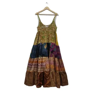 Desain Tambalan Antik Gaun Tali Etnik Gaun Maksi Sutra Cetak untuk Wanita Gaya Bohemian Pakaian Musim Panas Multiwarna