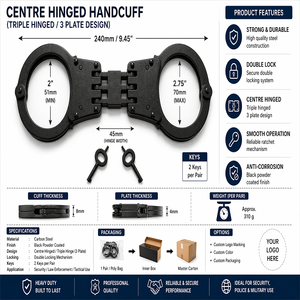 Phoenix Security Department Black Handcuffs (Metalcuffs) No Strap Nij Standard Centre Hinged <b>Dual</b> <b>Lock</b> Keys India - Product Image 3