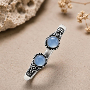 JewelryTownIN JT-009 Brazalete abierto de doble piedra de calcedonia azul Azure Glow, latón chapado en plata, joyería artesanal clásica, regalo - Product Image 4