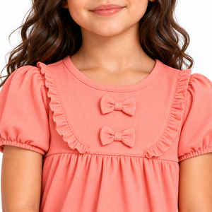Conjunto de Túnica con Volantes y Lazo Rosa Coral para Niñas, Conjunto Casual de Dos Piezas para Niños, Tela Acanalada Suave, Ropa de Verano al por Mayor - Product Image 2