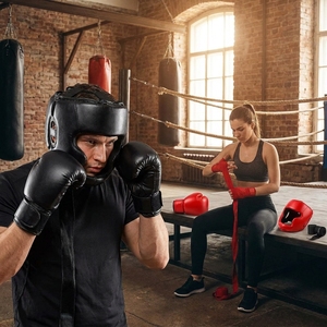 Ensemble de gants de boxe et de protège-tête en PU rouge et noir, équipement d'entraînement protecteur 16 oz avec bandages pour les mains et protège-dents - Product Image 4
