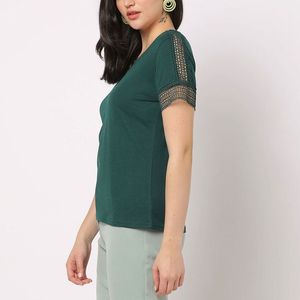 New 2026 Women's <b>Green</b> Short Sleeve T-Shirt With Lace Detail O-Neck Casual Top Spring Summer Wear Summer Outfit Trendy <b>tshirts</b> - Product Image 3
