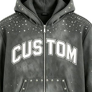 OEM ODM Custom Men’s Graphic Print Rhinestone Zip Up <b>Hoodie</b> Vintage Washed Oversized Fit Boxy Y2K Streetwear <b>Hoodie</b> - Product Image 3