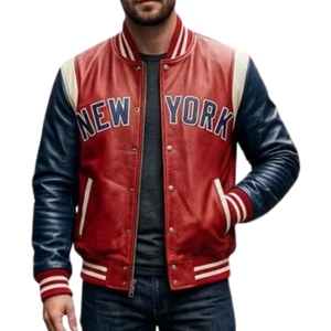 <b>Men's</b> <b>Summer</b> Leather Varsity <b>Jacket</b> & <b>Bomber</b> Coat-Red Blue & White NYC Skyline Design Windproof & Breathable - Product Image 5