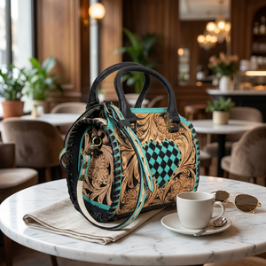 Nouveau Sac de Voyage Weekender en Cuir Véritable Gravé à la Main 2026, Grande Capacité, Motif Floral et Cœur à Carreaux Turquoise - Product Image 6