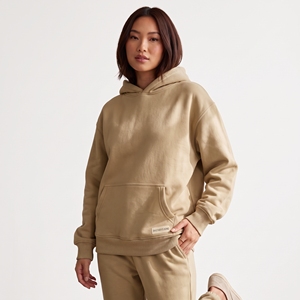 custom womens beige cream pullover hoodie front pouch pocket plain blank heavyweight fleece drop shoulder relaxed fit <b>tops</b> - Product Image 5