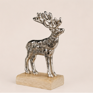 Silver Aluminum Reindeer Sculpture With Natural Wood Base Elegant <b>Christmas</b> Desktop Ornament & Luxury Home Decor Figurine - Product Image 1