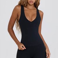 Atasan Musim Panas Trendi Wanita, Tank Top V-neck Tanpa Punggung, Atasan Ribbed Slim Polos Tanpa Lengan, Tank Top Halter Neck Polos Wanita