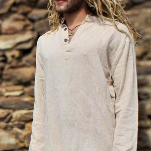 Kurta en lin de chanvre naturel pour homme, légère, respirante, à manches longues, col en V, avec boutons rustiques, chemise écologique - Product Image 1