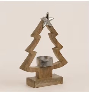 Wooden <b>Christmas</b> <b>Tree</b> Tea Light Holder with Metal Star <b>Top</b> for Holiday Home Decoration - Product Image 1