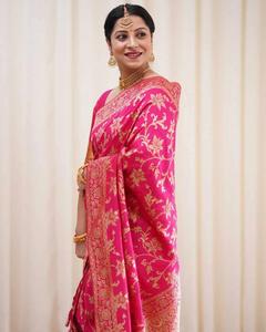 Sari Banarasi rose à motifs floraux, mélange de soie, tenue de mariage, vêtements indiens et pakistanais pour la mariée, tenue de fête 52853 - Product Image 6