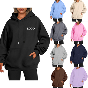 Sweat-shirt à capuche surdimensionné pour femme, couleur unie, en coton tricoté, manches longues avec poches, logo sur le devant, vêtements d'automne - Product Image 1