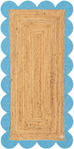 Sky Blue Scalloped Border Natural Jute Runner Handmade Braided Woven Farmhouse <b>Boho</b> Hallway Kitchen Entryway Area <b>Rug</b> Home Decor - Product Image 2