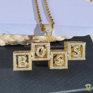 Luxury Moissanite Diamond " BOSS " Letter Block Pendant With Gold <b>Rope</b> <b>Chain</b> Hip Hop Necklace Jewelry - Product Image 3