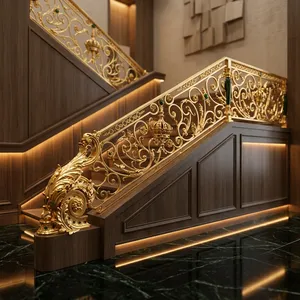 Rampe d'escalier en fer forgé doré de luxe avec décor floral orné pour villa, manoir, hôtel et décoration intérieure - Product Image 2