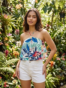 Blusa sin mangas estilo bohemio para mujer, cuello redondo, estampado floral asimétrico, corte holgado, transpirable, tejido, para primavera/verano - Product Image 6