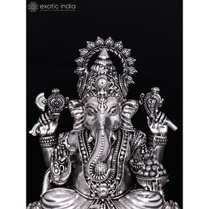 Statue en laiton plaqué argent 6 \ "Chaturbhuja Lord Ganesha assis sur un produit de sculpture en lotus - Product Image 3