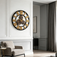 Jam Dinding Gantung 60cm Besar Bahan MDF Quartz dengan Dial 3D dan Gerakan Senyap untuk Dekorasi Industrial Loft Cafe Hotel