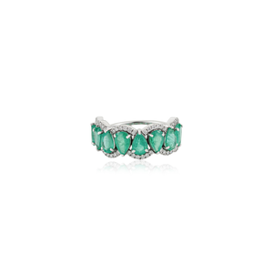 Bague demi-éternité de luxe en or blanc véritable 14 carats, sertie d'émeraudes poire et de diamants taille ronde, motif vague, bijoux fins en gros - Product Image 1