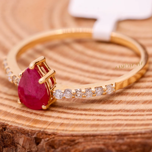 Bague solitaire en or jaune 14 carats avec rubis naturel taille poire |   Bague avec accent en diamant, bijoux fins, cadeau pour femmes, prix de gros - Product Image 5