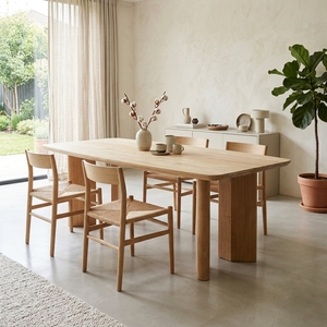 Table à manger scandinave en bois massif, plateau en panneau, pieds sur piédestal, finition chêne clair, style moderne Japandi, rectangulaire, grande table de cuisine - Product Image 3