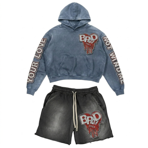 Heavyweight 420 GSM washed cotton fleece hoodie <b>short</b> set faded blue black <b>patch</b> Hoodie <b>Short</b> Set <b>men's</b> - Product Image 1