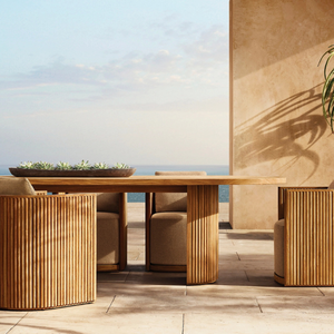 Mesa de forma ovalada hecha de madera de teca de buena calidad con estilo moderno, adecuada para uso en exteriores y duradera. - Product Image 6