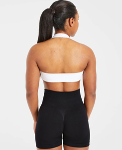 Ensemble de sport 2 pièces léger pour femme, couleur unie, tricoté, avec haut dos nu et short taille haute noir, tenue de yoga toutes saisons - Product Image 2