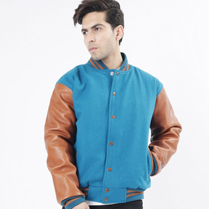 Veste de sport en laine bleue pour homme avec manches en cuir marron, col rabattu, vêtement décontracté pour l'automne - Product Image 1