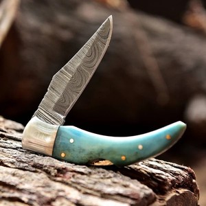 Custom Damascus Folding Pocket <b>Knife</b> with Coloured <b>Bone</b> <b>Handle</b> | Outdoor Survival Hunting EDC <b>Knife</b> Wholesale Supplier - Product Image 1