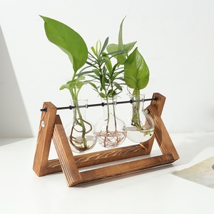1 pezzo vaso di vetro fioriera in legno supporto idroponica pianta girevole vaso di vetro da tavolo fioriera per ufficio decorazione accessori - Product Image 1