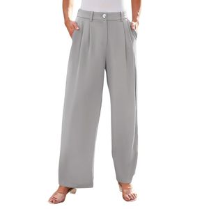 Pantalon de travail large plissé sur le devant pour femme, taille haute, en coton et polyester, élégant, pour le bureau - Product Image 6
