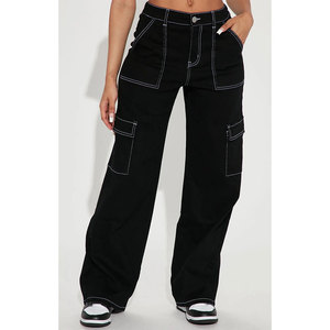 Pantalones vaqueros cargo negros de moda para mujer, lavados a la piedra, de tela gruesa con costuras en contraste, estilo streetwear, holgados - Product Image 1