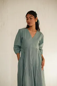 Vestido largo de algodón suave para mujer, cuello en V, manga 3/4, corte holgado, estilo bohemio, cómodo vestido largo de verano - Product Image 4